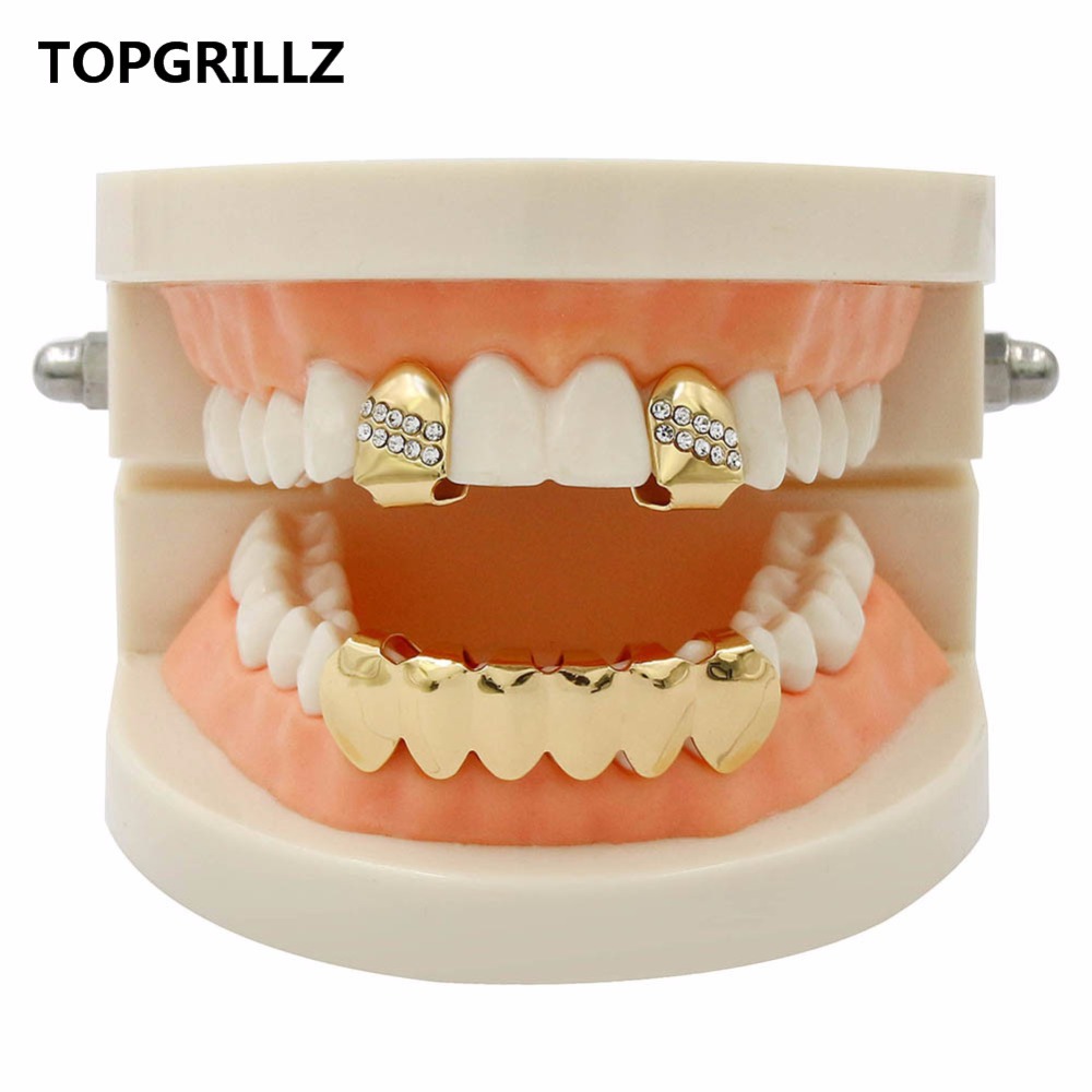 Yellow Body Jewelry - Topgrillzヒップホップグリルイエローゴールドカラーメッキ2つのシングルトップ歯グリルキャップ、czストーントゥースグリルとクラシックボトム