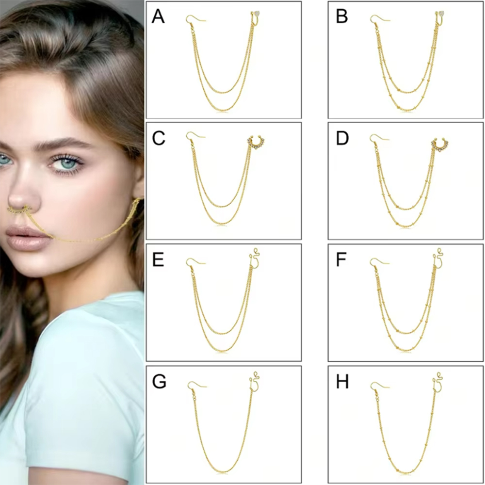Yellow Body Jewelry - 1個/セット イエローゴールド フェイクセプタムリング セプタムピアス 鼻から耳へのチェーンジュエリー-スタッドダングルノーズチェーンピアスジュエリー