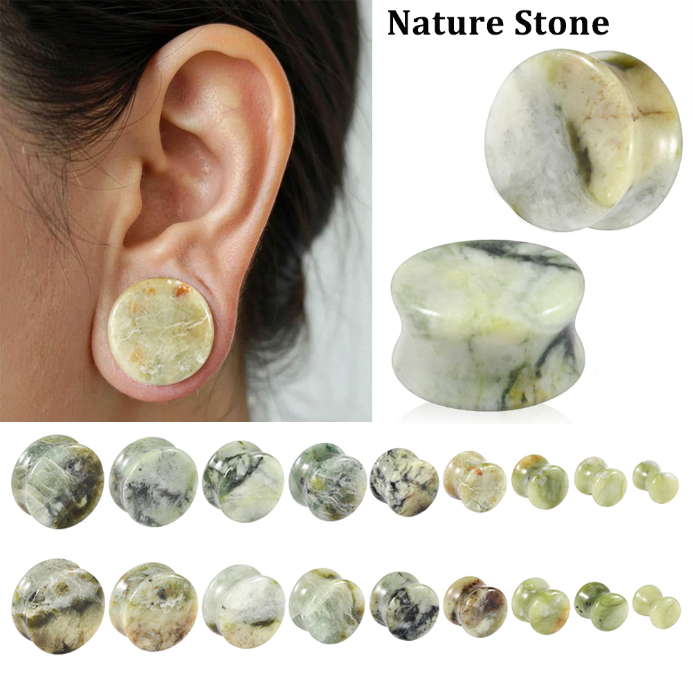 Yellow Body Jewelry - 1-2個入り ナチュラルグリーンイエロー ジェイドストーン イヤープラグ ランドウ ソリッド