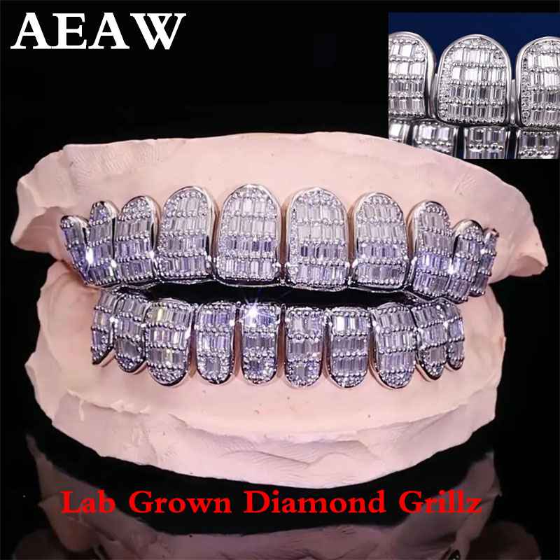 Yellow Body Jewelry - AEAWカスタムラボグロウンダイヤモンドHPHTバゲットカット8トップ＆8ボトムヒップホップグリルズ925シルバー10K（歯型を私たちに送ってください）