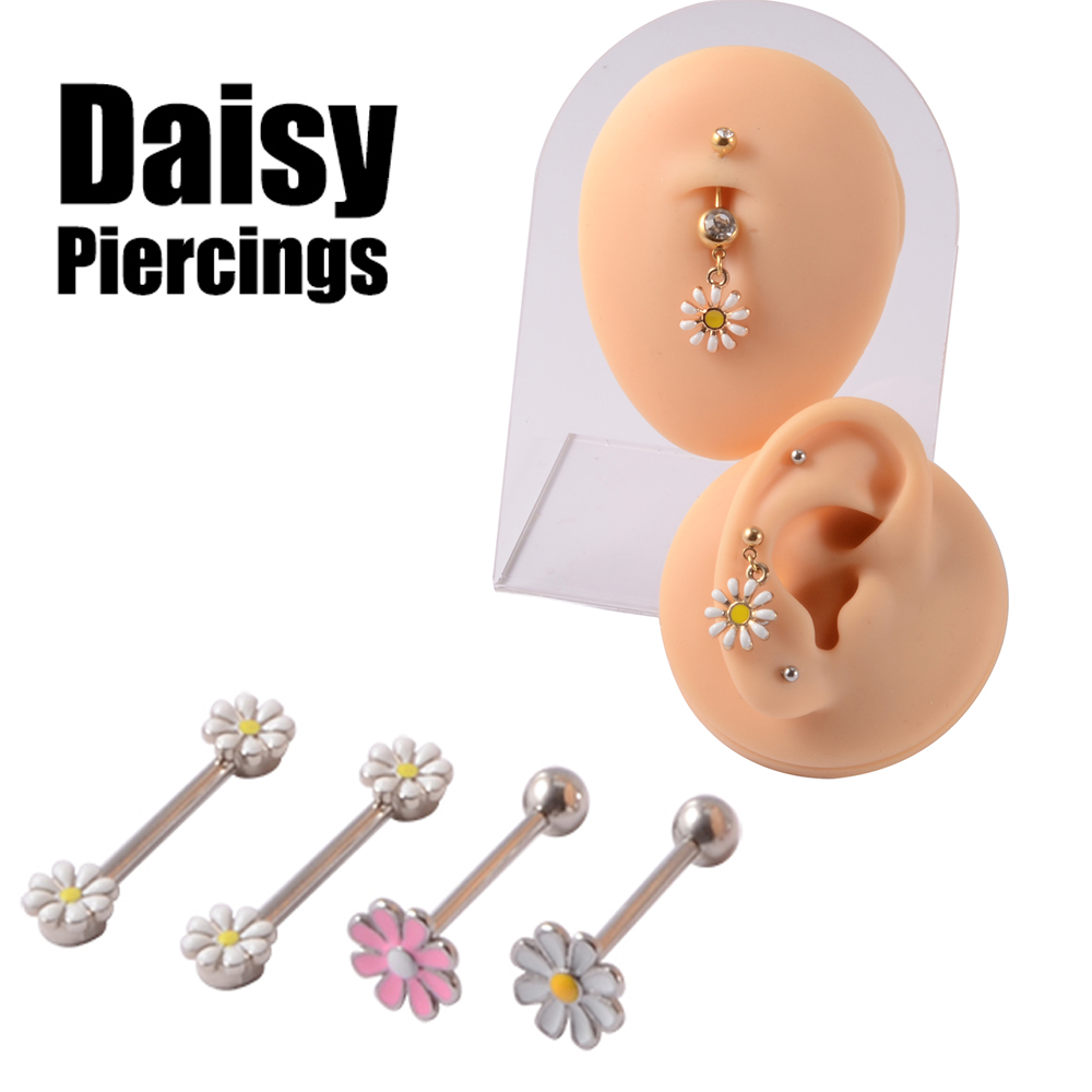 Yellow Body Jewelry - ステンレス鋼のイヤリング,361lのピアス,花の形,ピンクと黄色のデイジーの舌,イヤリング,耳珠,ヘリックス,ピアス
