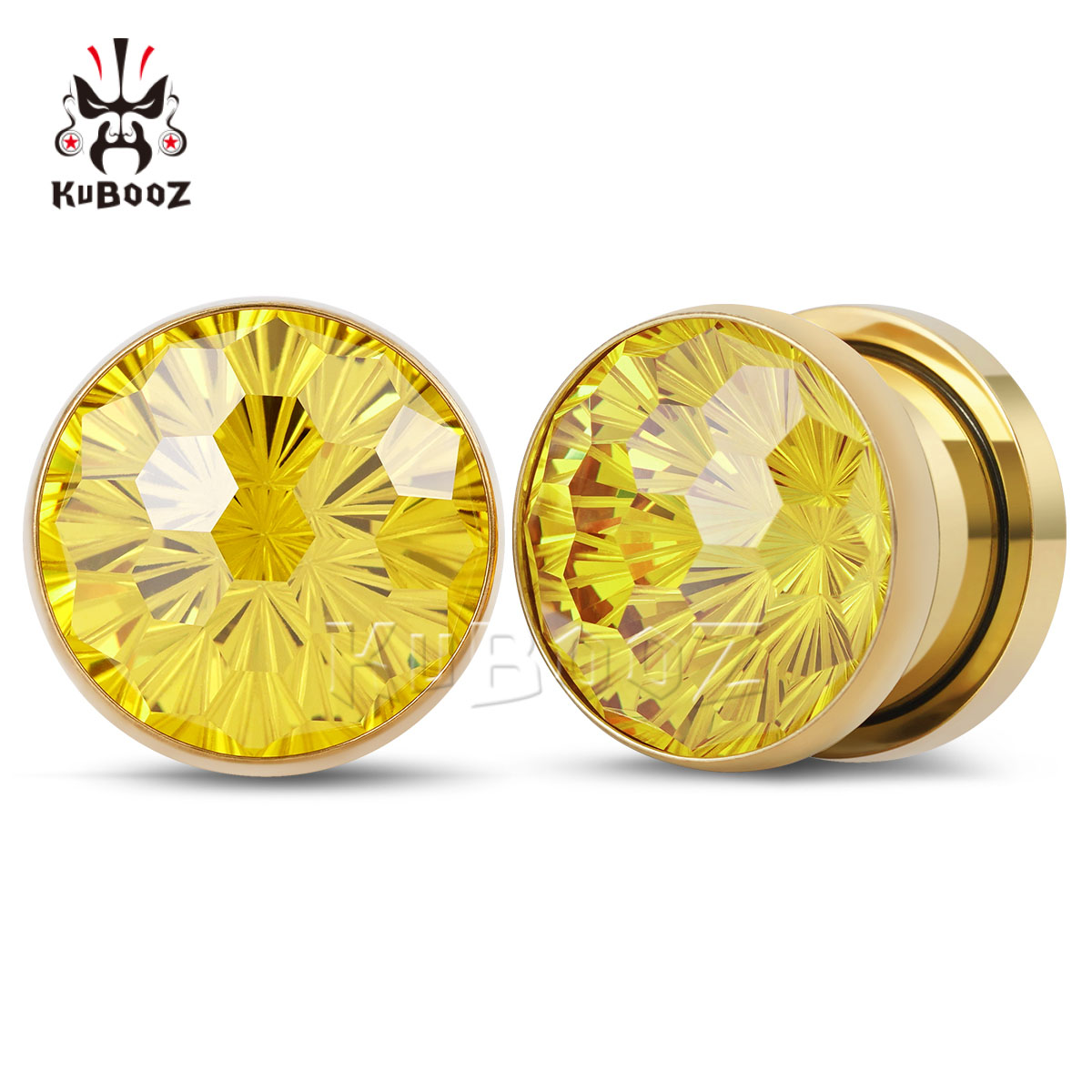 Yellow Body Jewelry - 2 個の光沢のある黄色のクリスタルダイヤモンドカット耳栓ゲージトンネルステンレス鋼ボディジュエリーエキスパンダーネジ耳ストレッチャー