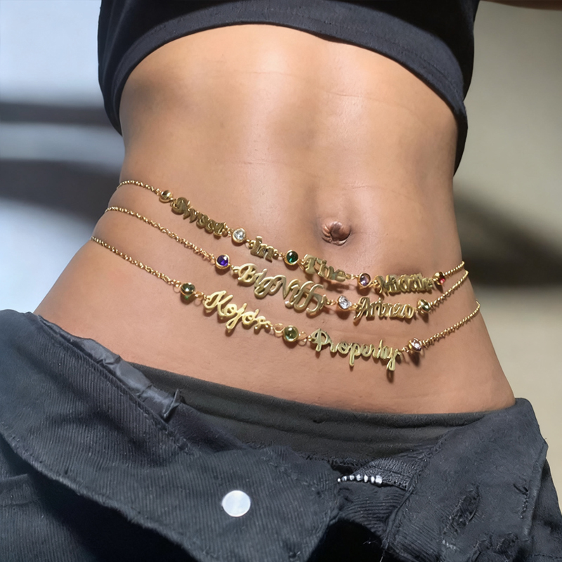 Body Jewelry Names - DUOYING カスタムネームベリーチェーン ステンレス製ジュエリー 十二ヶ月誕生石 ビーチにぴったり 18金