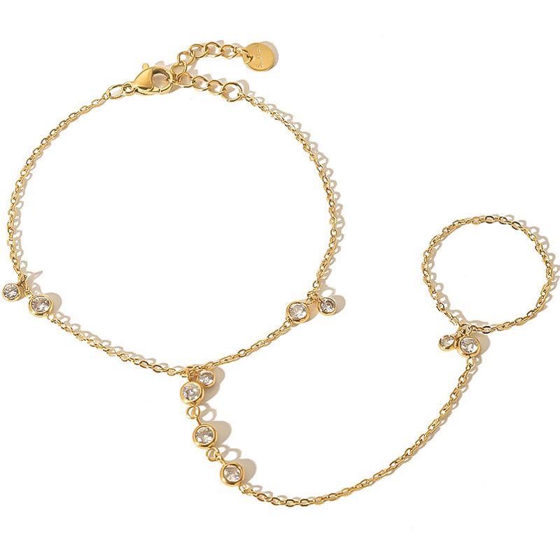 Yellow Body Jewelry - 14K イエローゴールドメッキステンレス鋼ハンドチェーンブレスレット女性用上品なキュービックジルコニアブレスレットとリングチェーンボディジュエリー