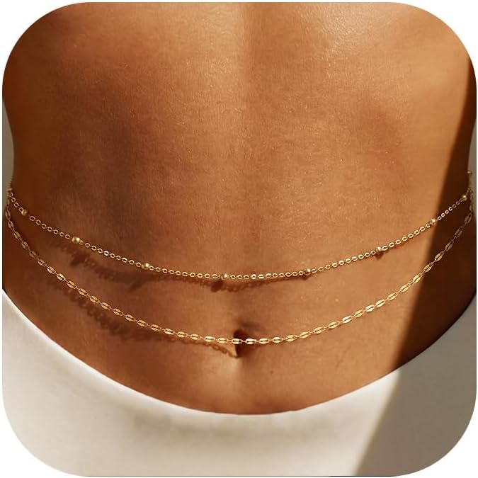 Body Jewelry By The Chain Gang - 14K金メッキウエストチェーン、女性用レイヤードウエストビーズ、ベリーボディゴールドチェーンベルト、防水サマービーチジュエリー（ビキニ用）