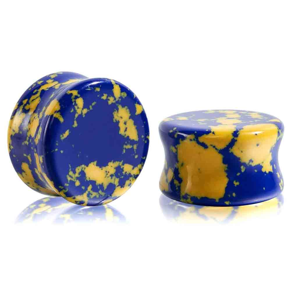 ストーンイヤーゲージプラグ サドルイエローとブルーのミックス - Yellow Body Jewelry のレビューと価格